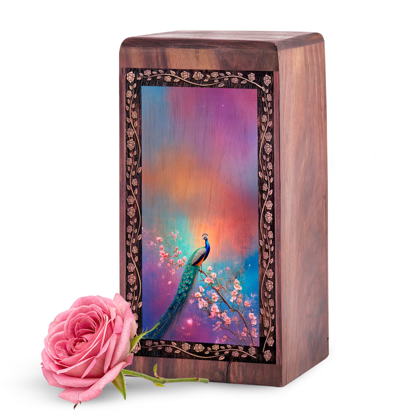 Luxury Floral Peacock Wooden Urn for Ashes – Elegant Tribute Wooden Cremation Box