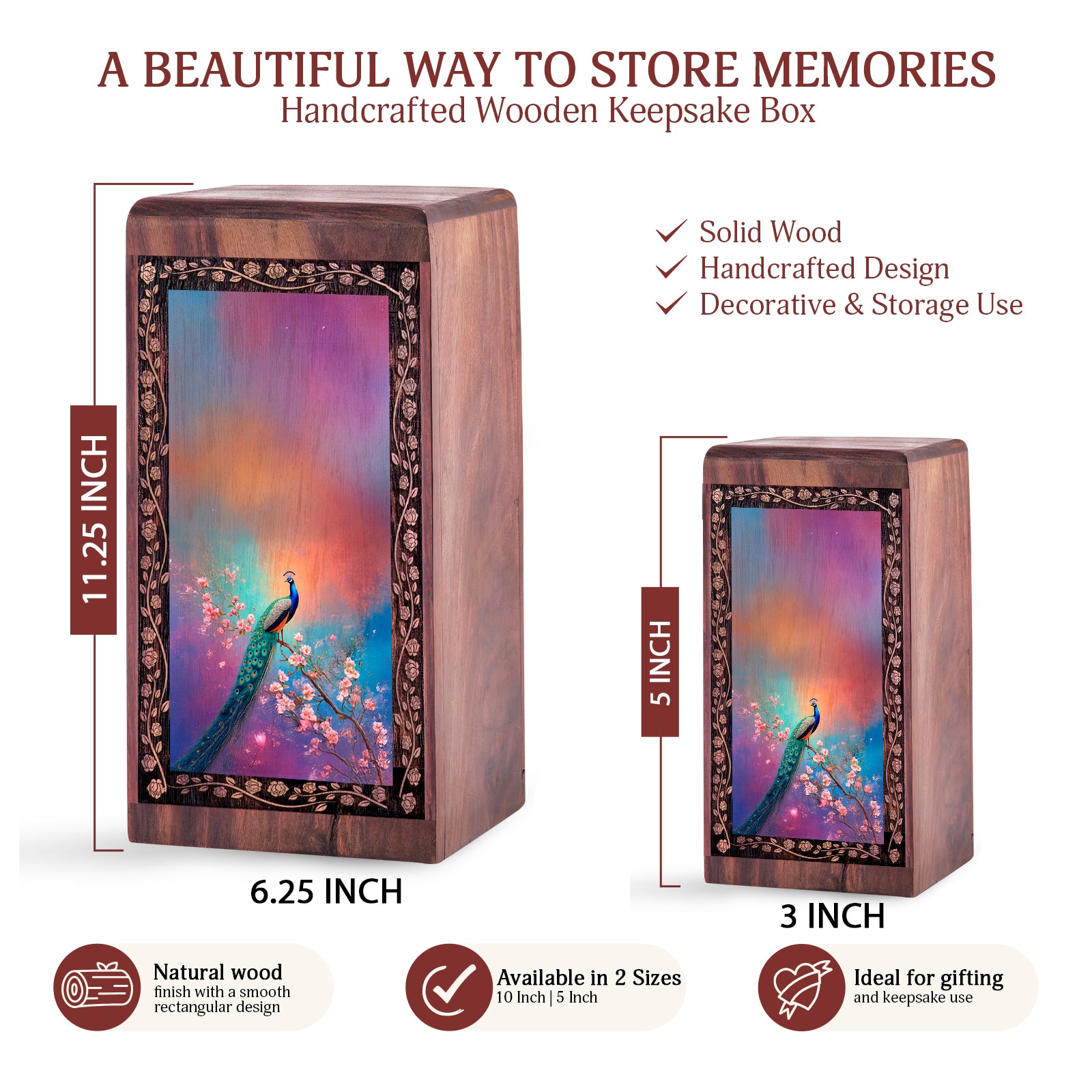 Luxury Floral Peacock Wooden Urn for Ashes – Elegant Tribute Wooden Cremation Box