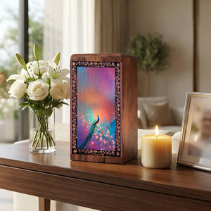 Luxury Floral Peacock Wooden Urn for Ashes – Elegant Tribute Wooden Cremation Box