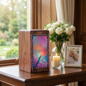 Luxury Floral Peacock Wooden Urn for Ashes – Elegant Tribute Wooden Cremation Box