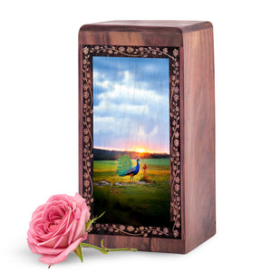 Luxury Peacock Wooden Urn for Ashes – Sunset Memorial Keepsake Box
