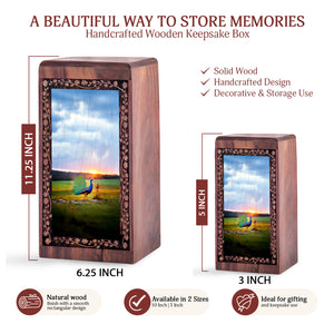 Luxury Peacock Wooden Urn for Ashes – Sunset Memorial Keepsake Box