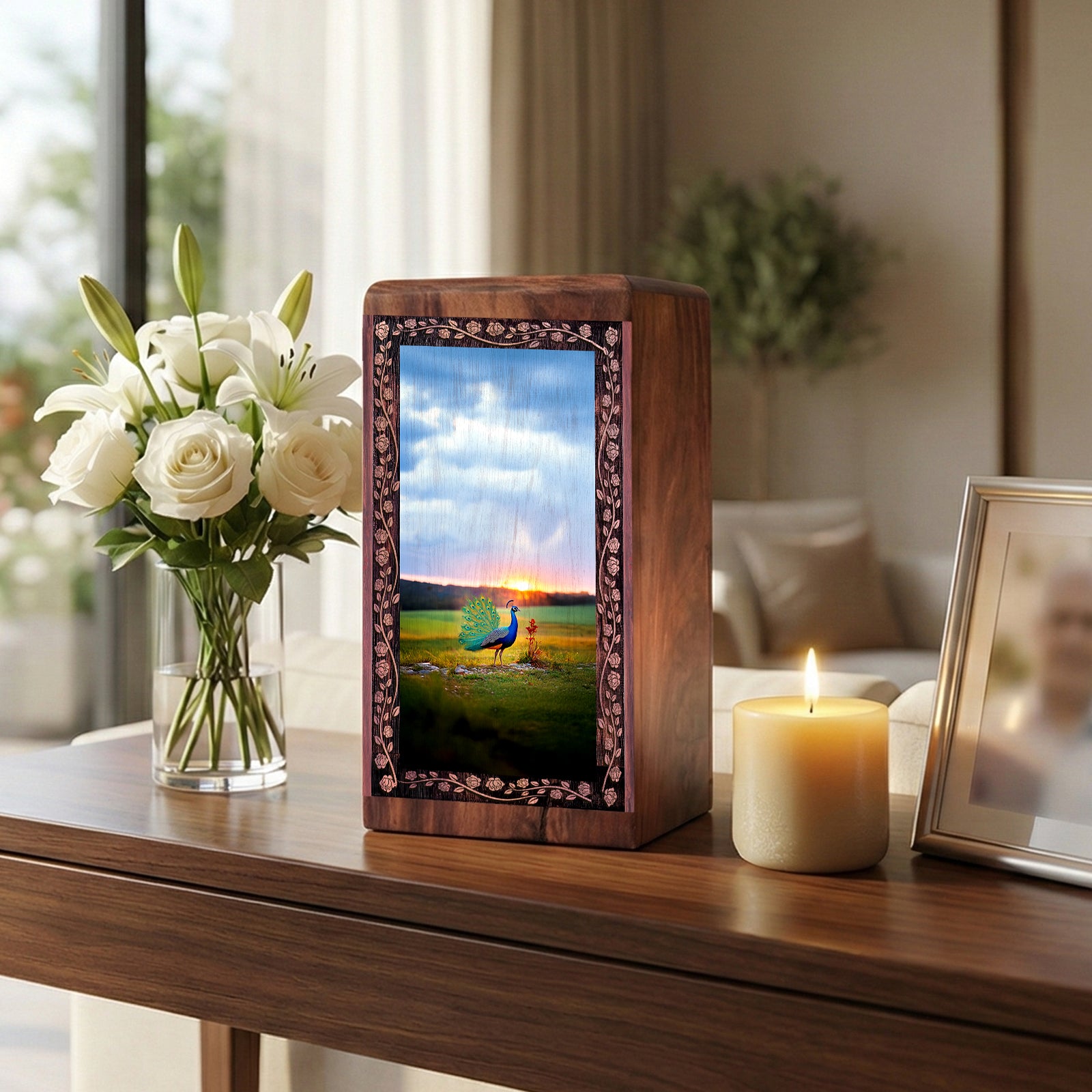 Luxury Peacock Wooden Urn for Ashes – Sunset Memorial Keepsake Box