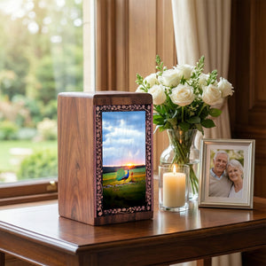 Luxury Peacock Wooden Urn for Ashes – Sunset Memorial Keepsake Box