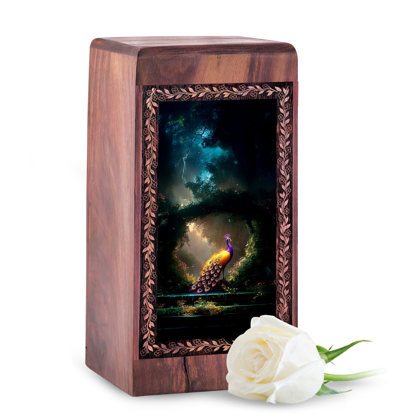 Peacock Wooden Urn for Ashes – Garden Memorial Theme Cremation Box Urn