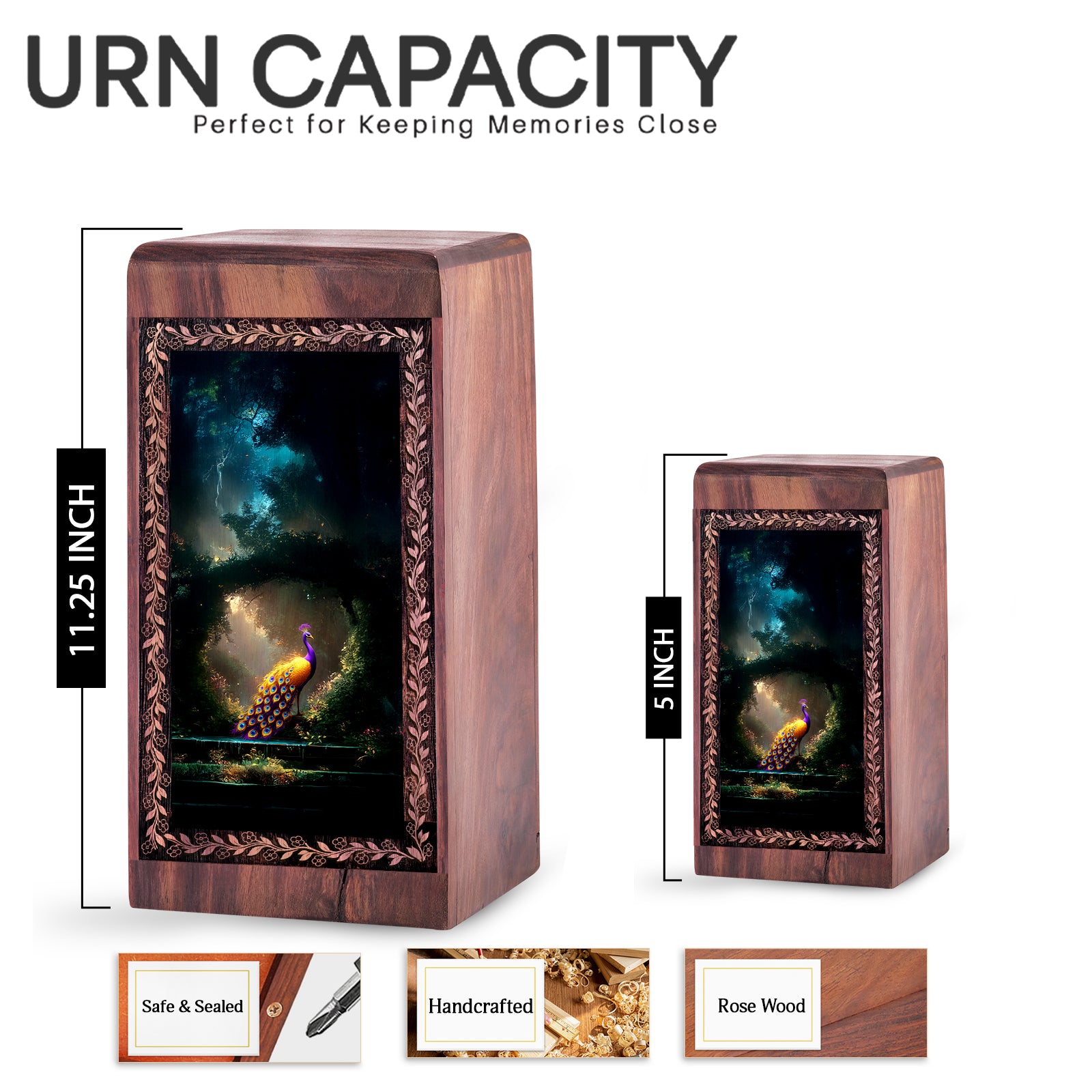 Peacock Wooden Urn for Ashes – Garden Memorial Theme Cremation Box Urn