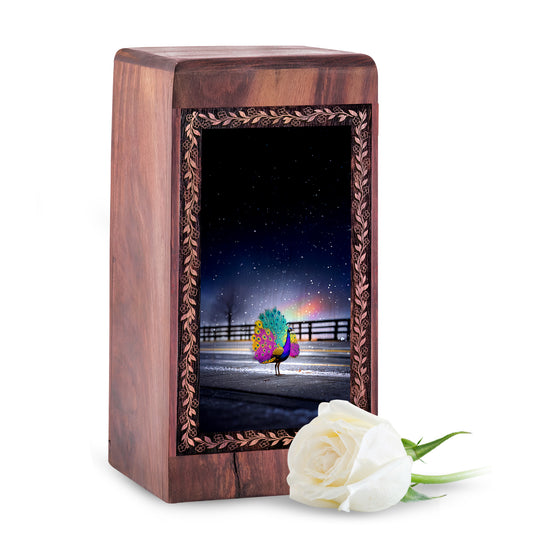 Peacock Wooden Cremation Urn - Artistic Urban Night Theme Memorial Urn For Ashes