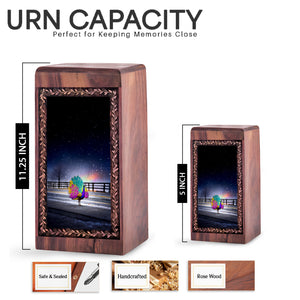 Peacock Wooden Cremation Urn - Artistic Urban Night Theme Memorial Urn For Ashes