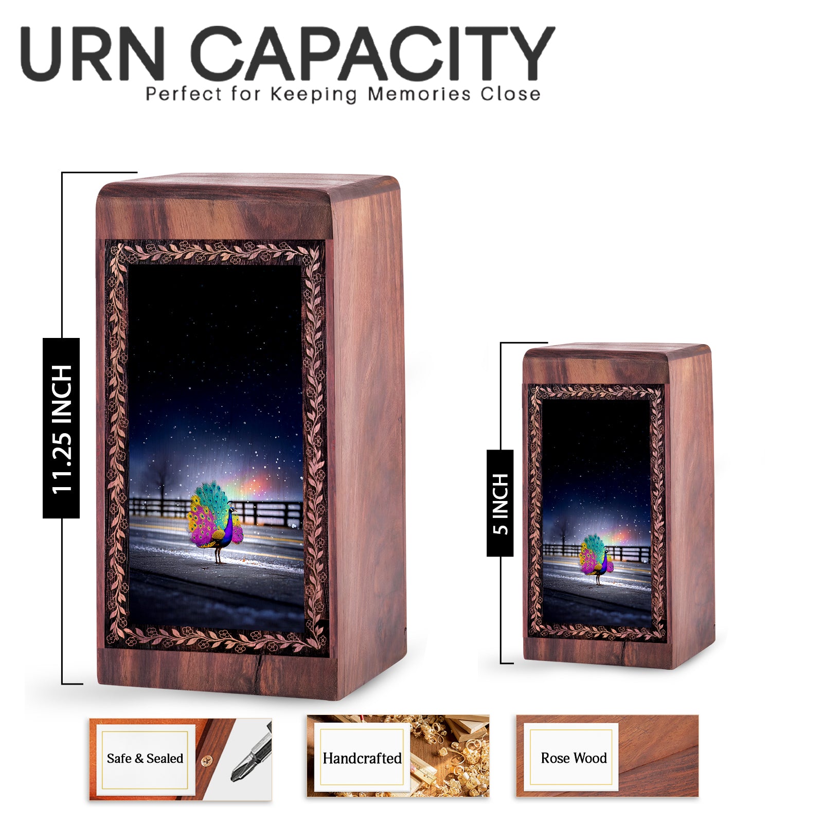 Peacock Wooden Cremation Urn - Artistic Urban Night Theme Memorial Urn For Ashes