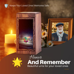 Peacock Wooden Cremation Urn - Artistic Urban Night Theme Memorial Urn For Ashes