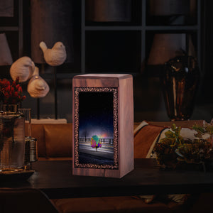 Peacock Wooden Cremation Urn - Artistic Urban Night Theme Memorial Urn For Ashes