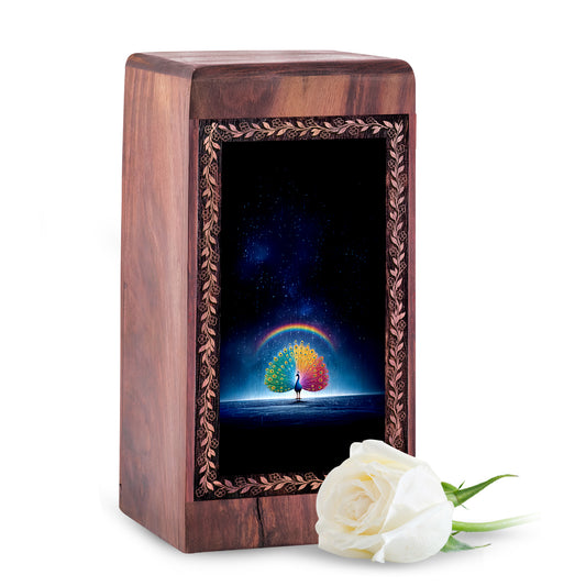 Cosmic Rainbow Peacock Urn – Luxury Galaxy Night Cremation Urn