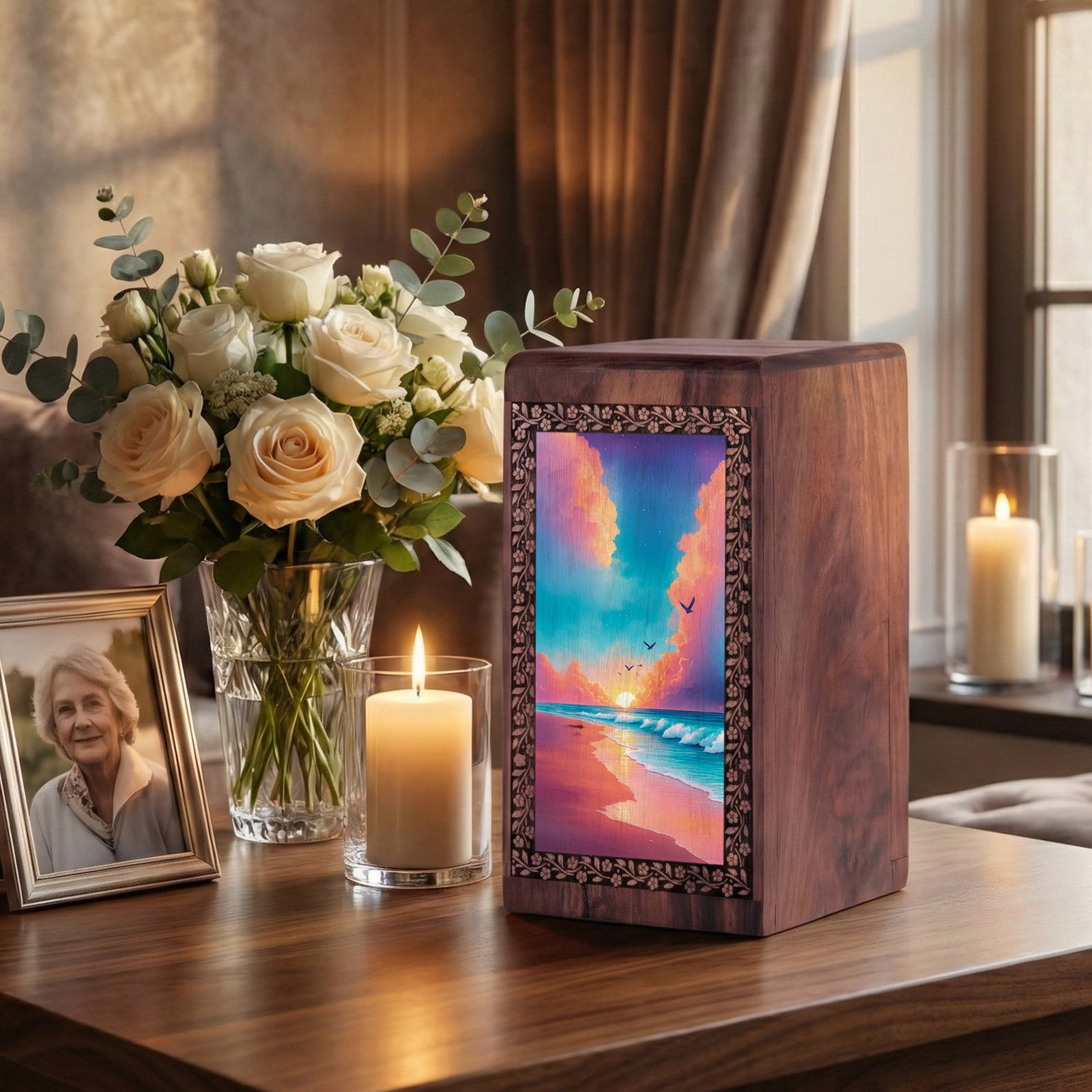 Peaceful Beach Memorial Wooden - Large Sized Urn Box For Adult Men