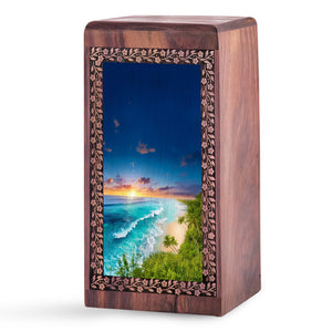 Blue Ocean Waves Funeral Urn For Ashes - Wooden Urn Box For Men & Women