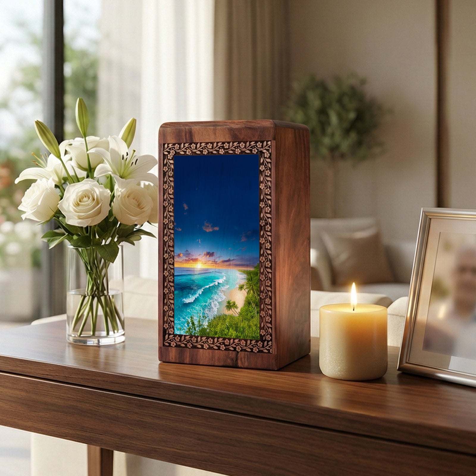 Blue Ocean Waves Funeral Urn For Ashes - Wooden Urn Box For Men & Women