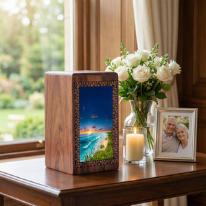 Blue Ocean Waves Funeral Urn For Ashes - Wooden Urn Box For Men & Women