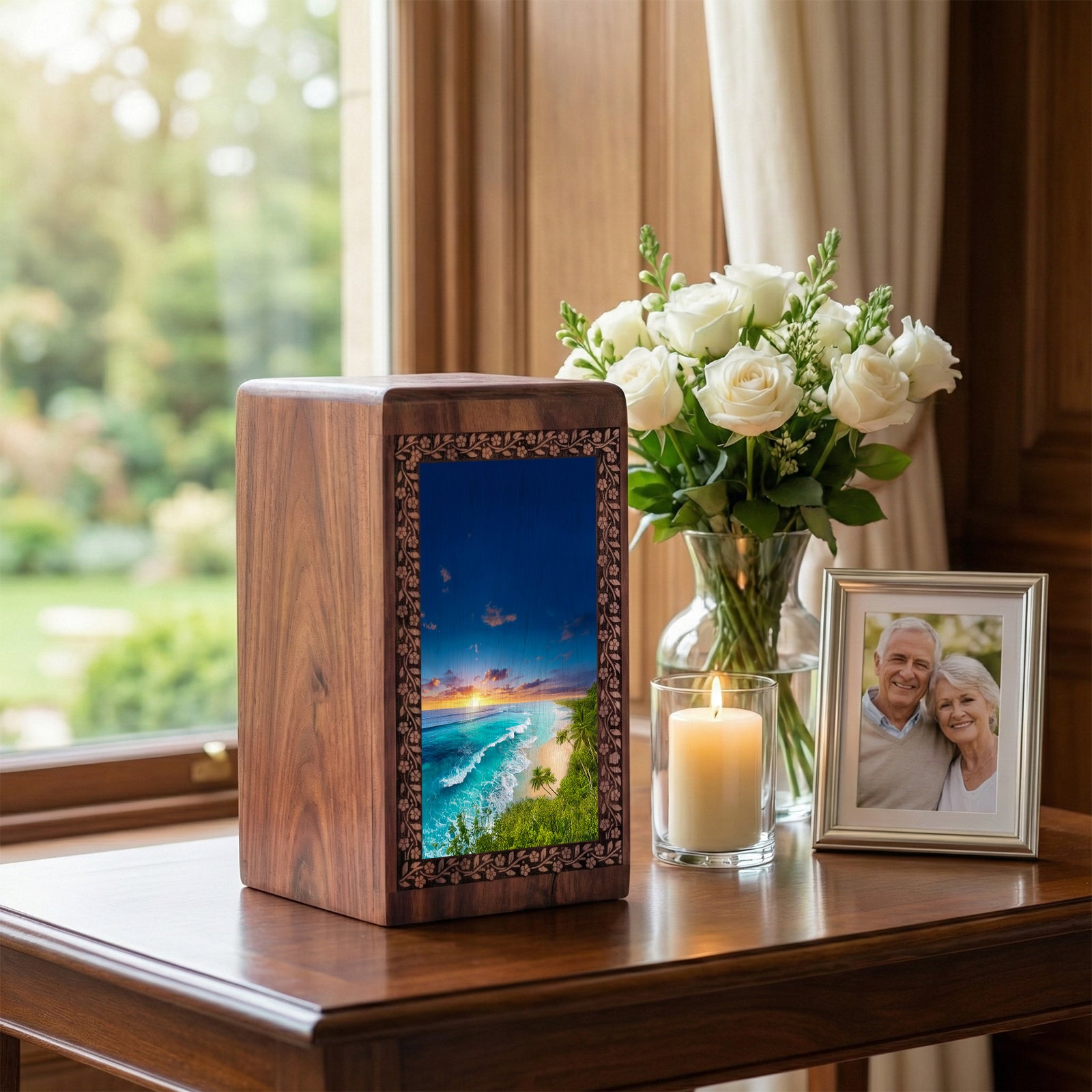 Blue Ocean Waves Funeral Urn For Ashes - Wooden Urn Box For Men & Women