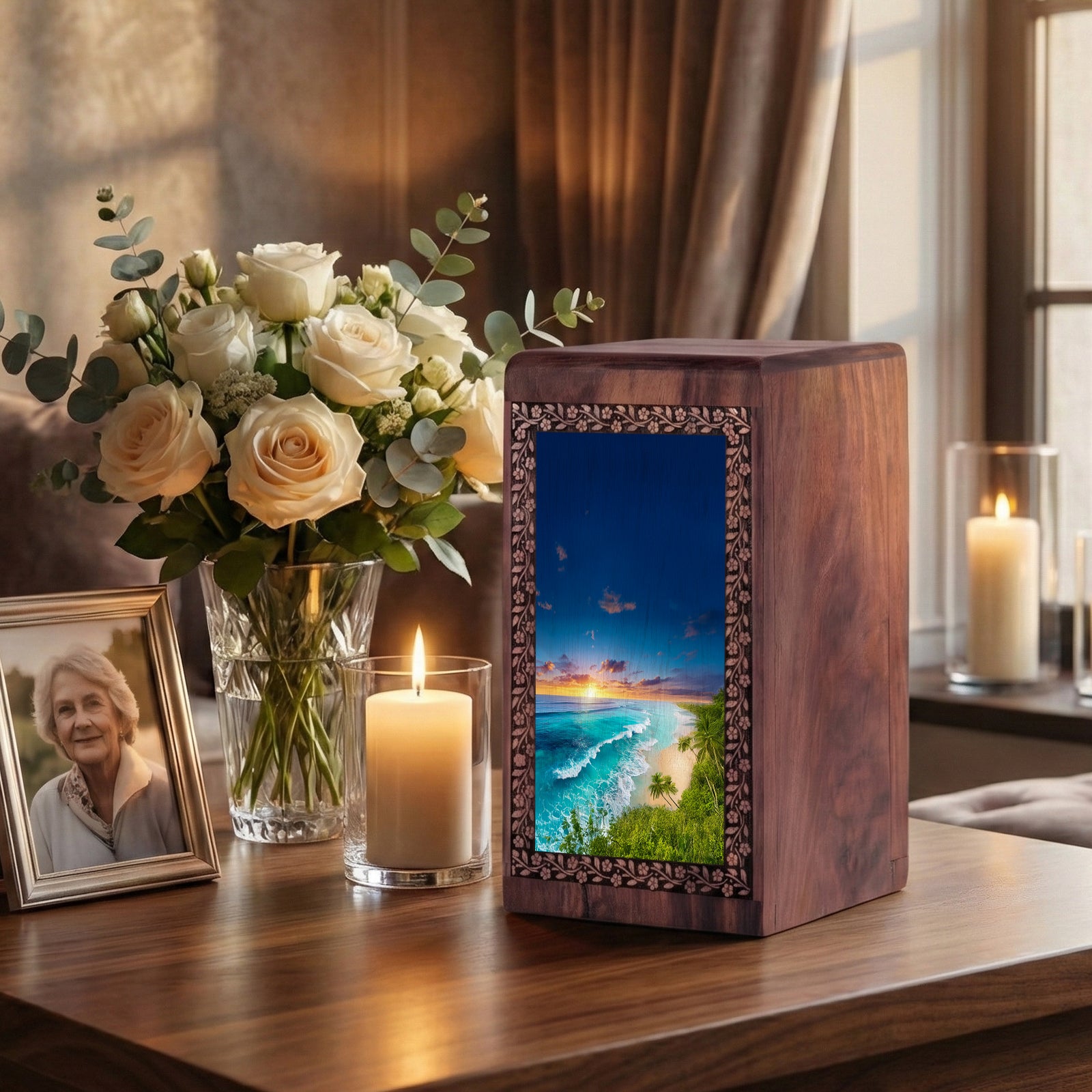 Blue Ocean Waves Funeral Urn For Ashes - Wooden Urn Box For Men & Women