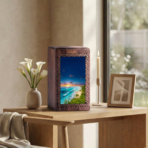 Blue Ocean Waves Funeral Urn For Ashes - Wooden Urn Box For Men & Women