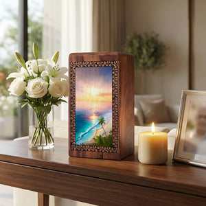 Palm Trees Cremation Box For Adults - Sunset Funeral Wooden Urn For Women