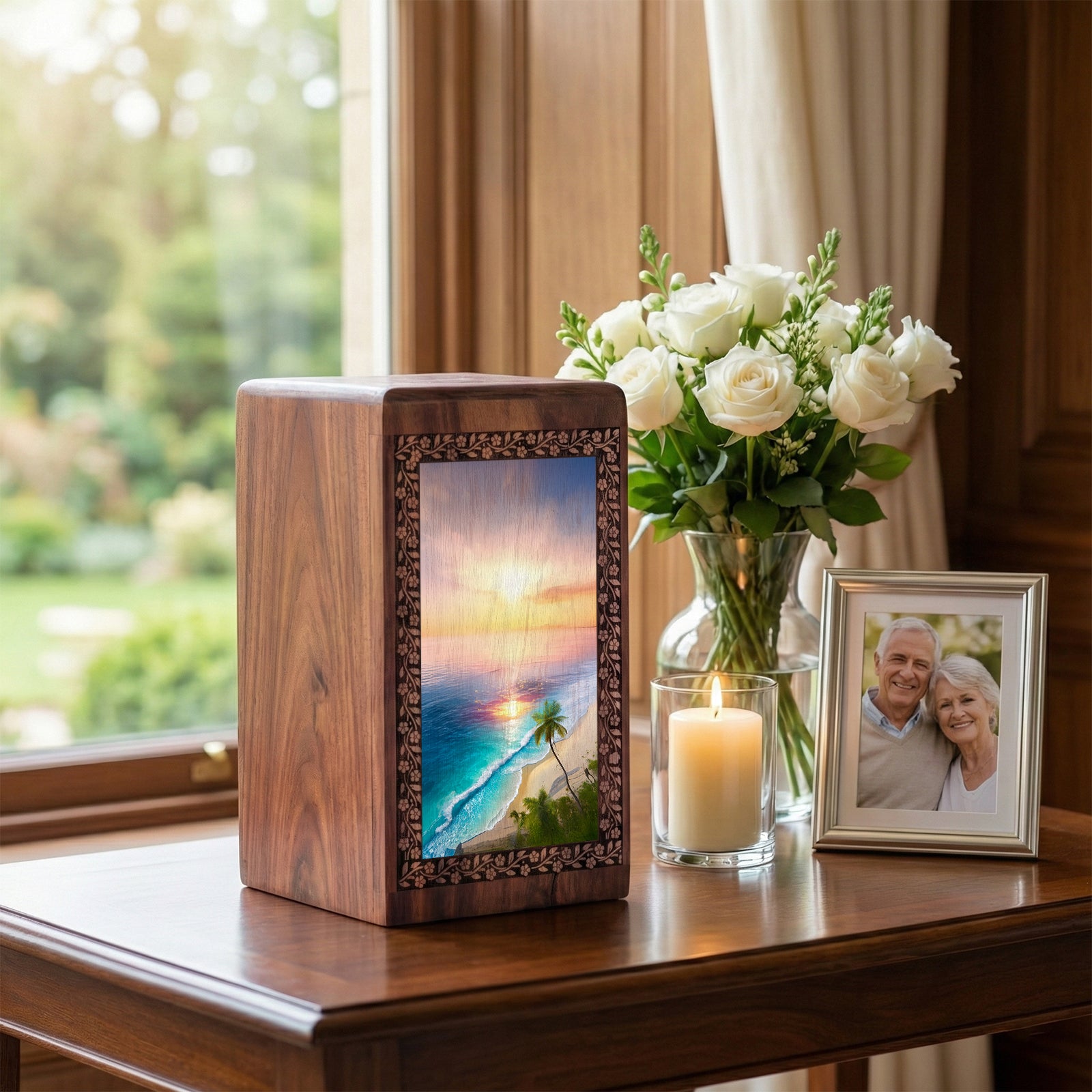 Palm Trees Cremation Box For Adults - Sunset Funeral Wooden Urn For Women