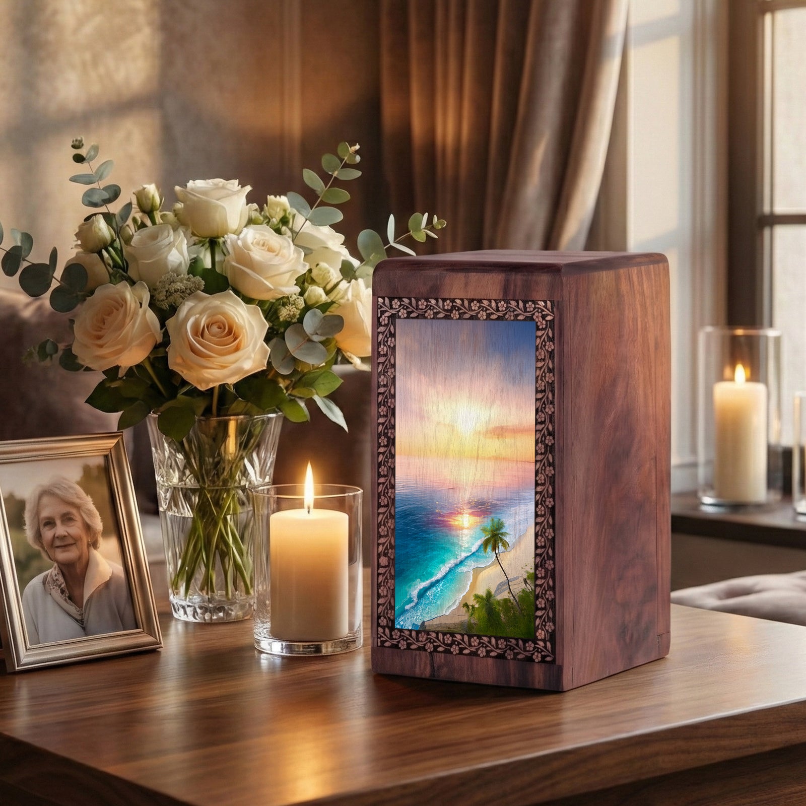 Palm Trees Cremation Box For Adults - Sunset Funeral Wooden Urn For Women