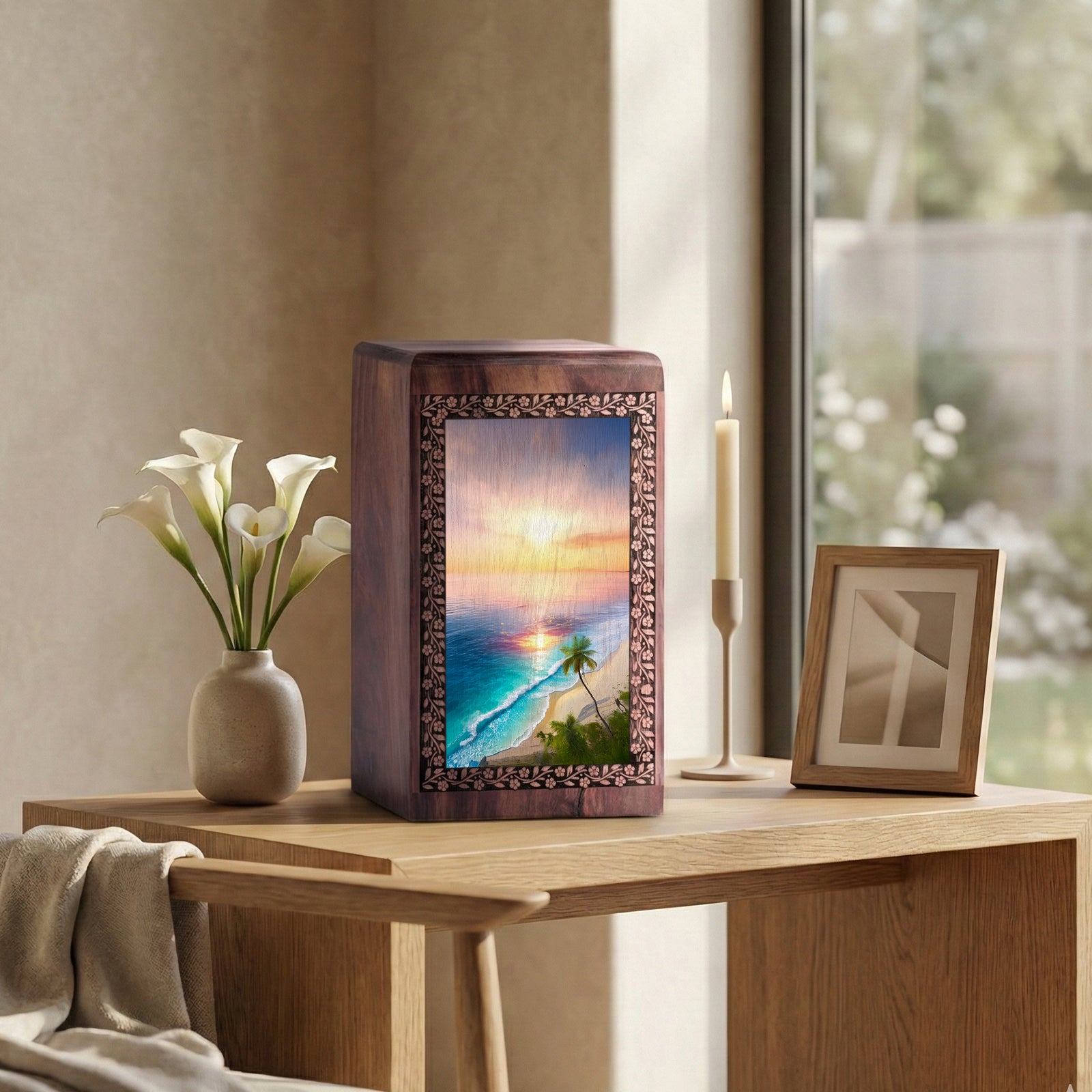 Palm Trees Cremation Box For Adults - Sunset Funeral Wooden Urn For Women