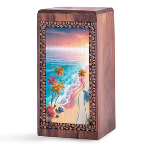 Blue Sea Urn Memorial For Ashes - Palm Trees Themed Wooden Urn For Men