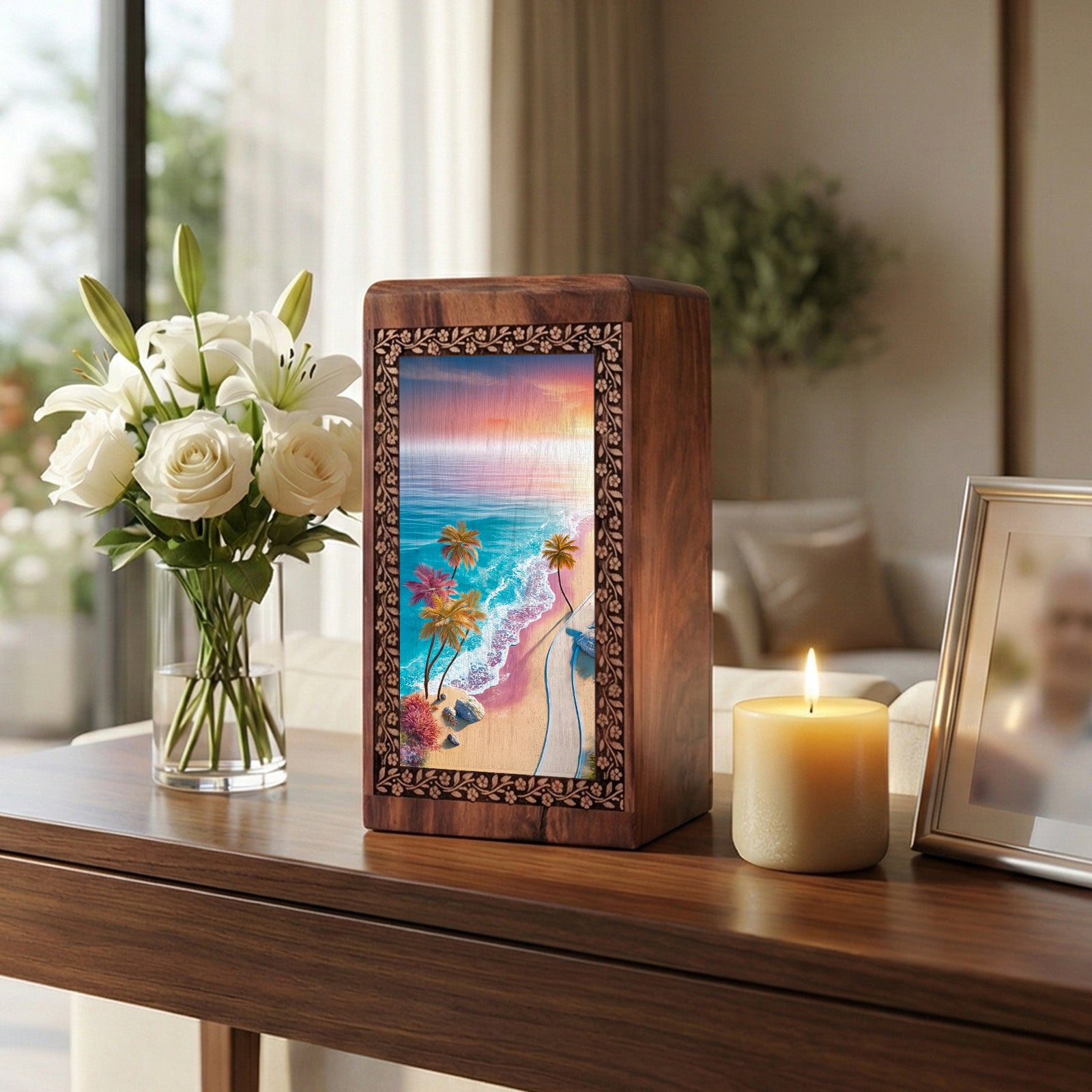 Blue Sea Urn Memorial For Ashes - Palm Trees Themed Wooden Urn For Men