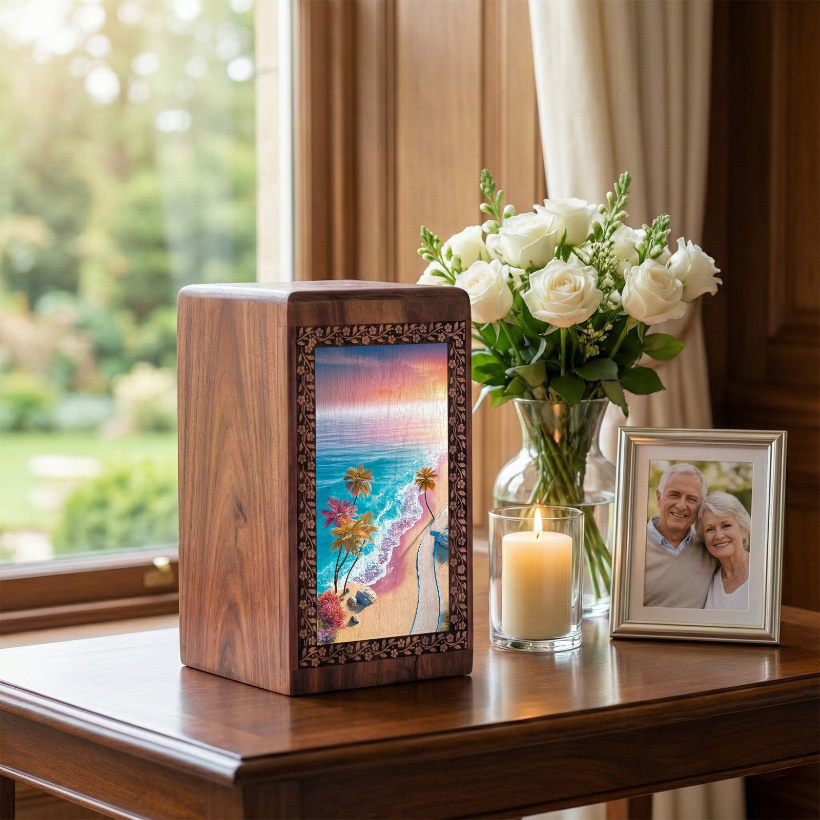 Blue Sea Urn Memorial For Ashes - Palm Trees Themed Wooden Urn For Men