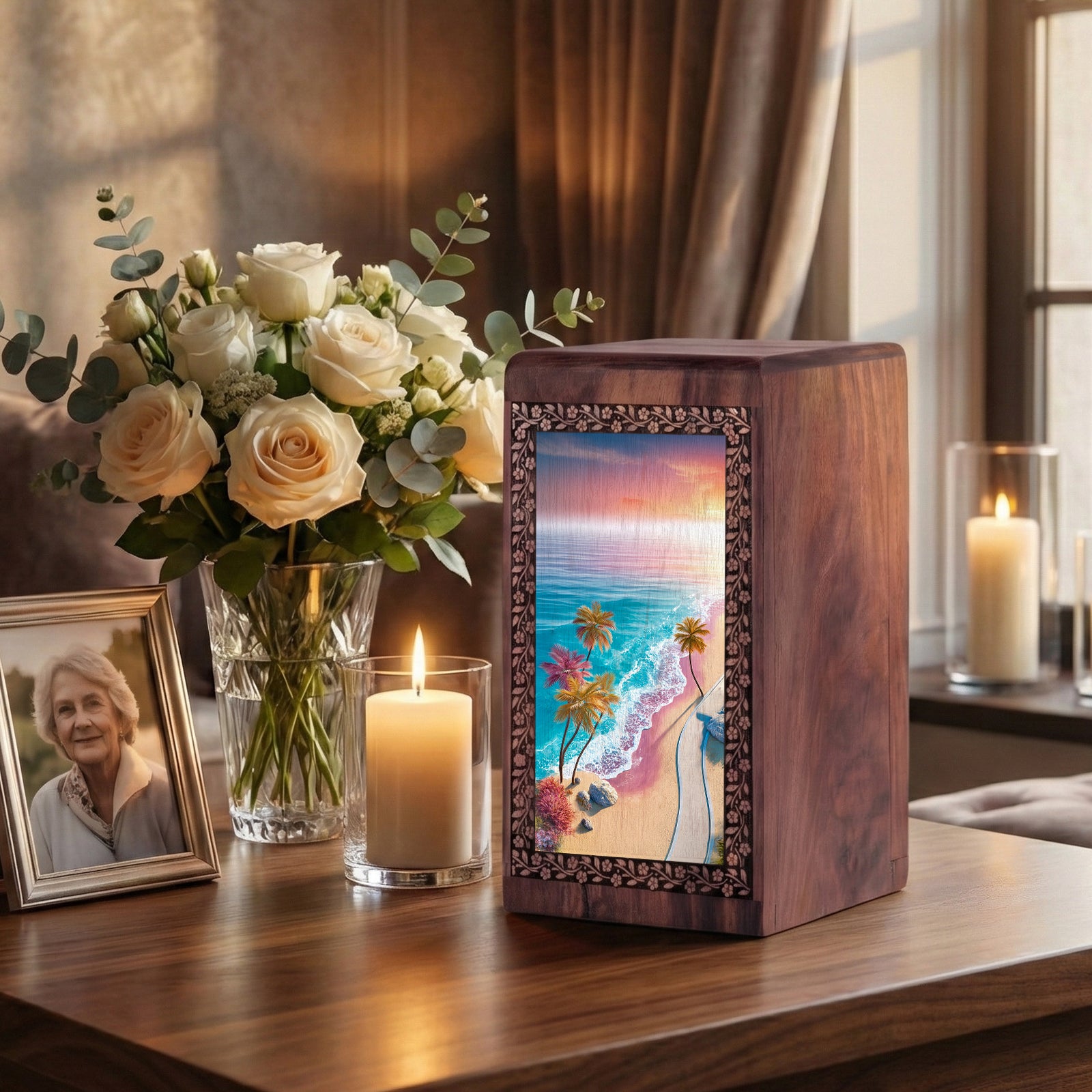 Blue Sea Urn Memorial For Ashes - Palm Trees Themed Wooden Urn For Men