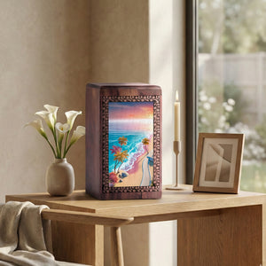 Blue Sea Urn Memorial For Ashes - Palm Trees Themed Wooden Urn For Men