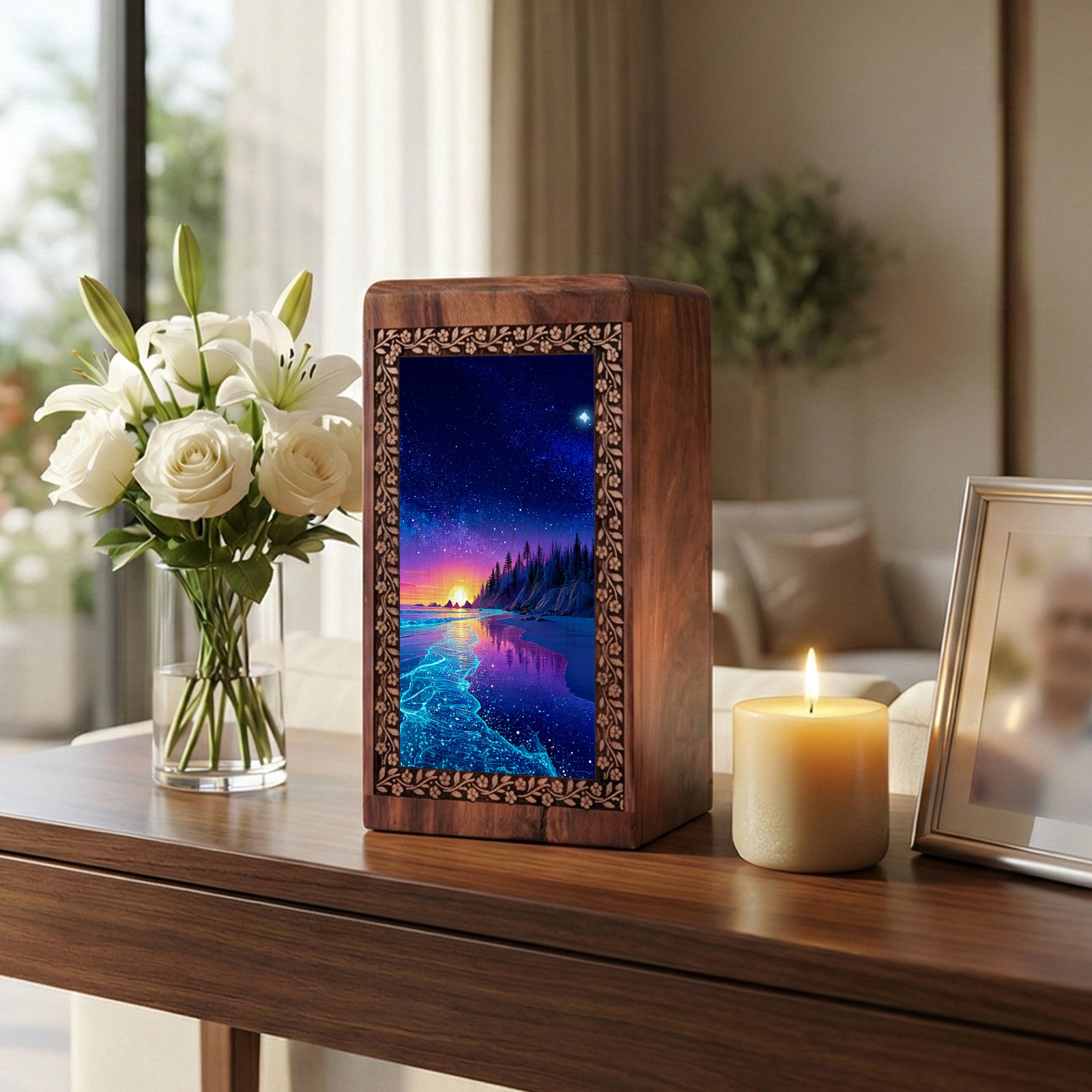 Purple Night Funeral Urn Box For Ashes - Beach Themed Urn For Adult Men & Women