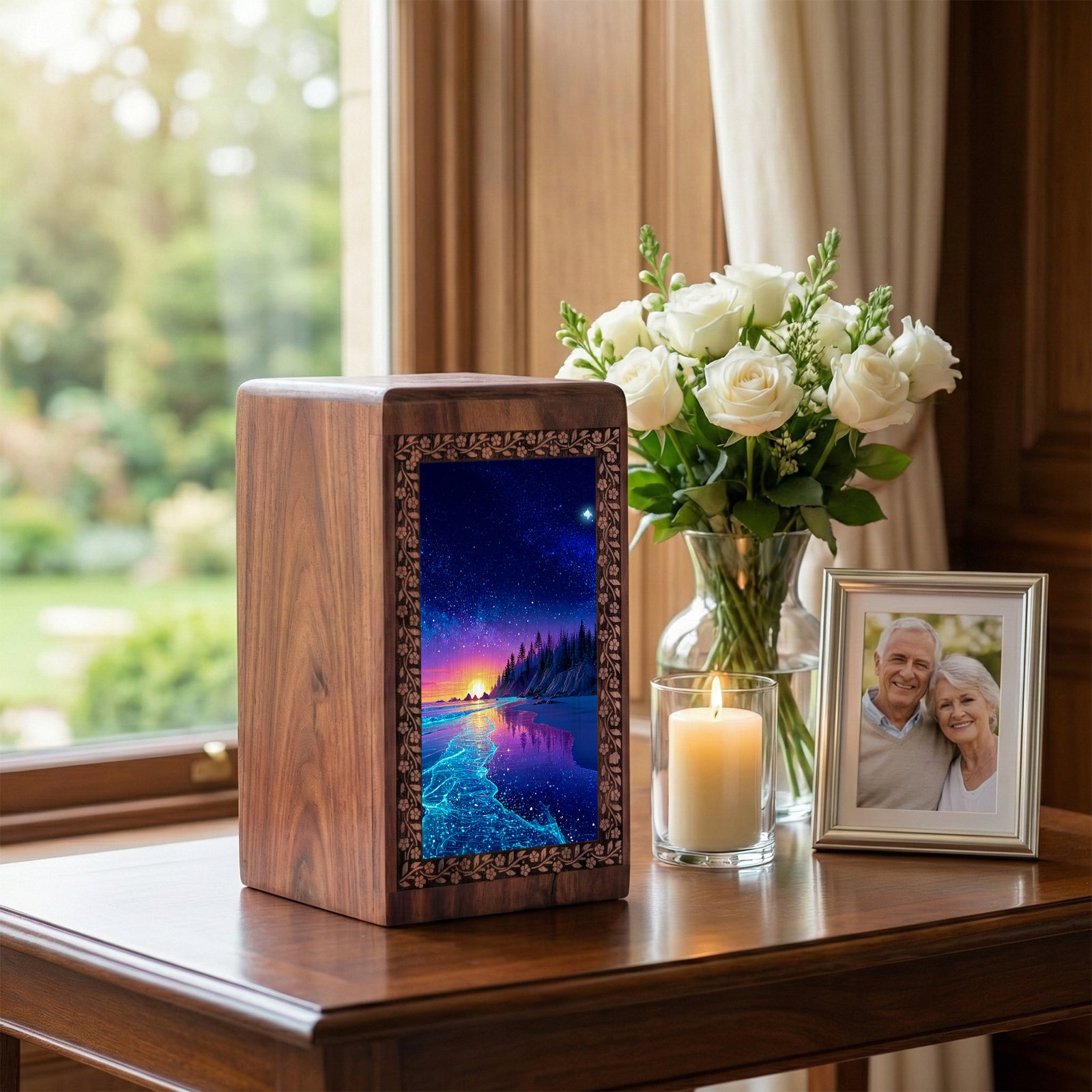 Purple Night Funeral Urn Box For Ashes - Beach Themed Urn For Adult Men & Women