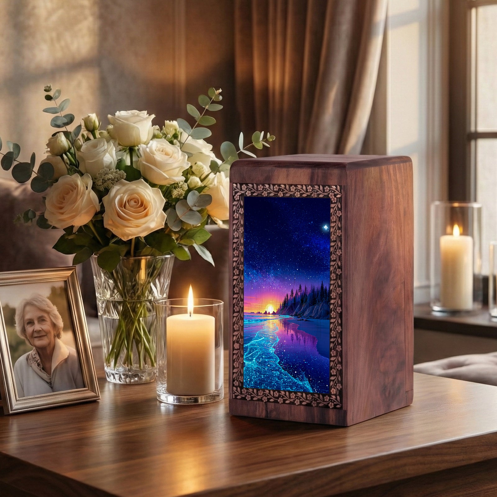 Purple Night Funeral Urn Box For Ashes - Beach Themed Urn For Adult Men & Women