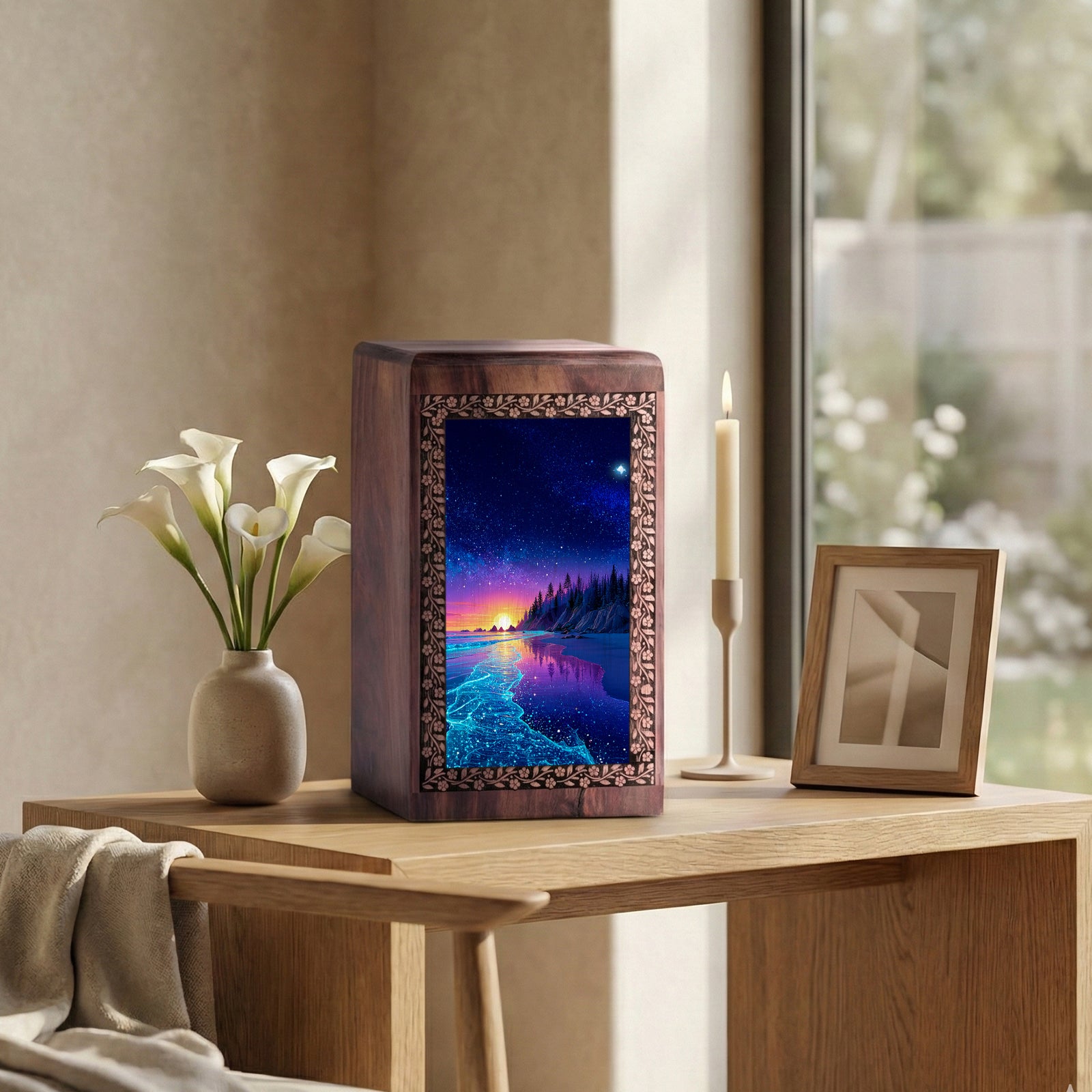 Purple Night Funeral Urn Box For Ashes - Beach Themed Urn For Adult Men & Women