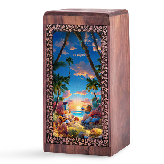 Animated Beach Funeral Urn For Ashes - Seashell Wooden Memorial Urn For Ashes