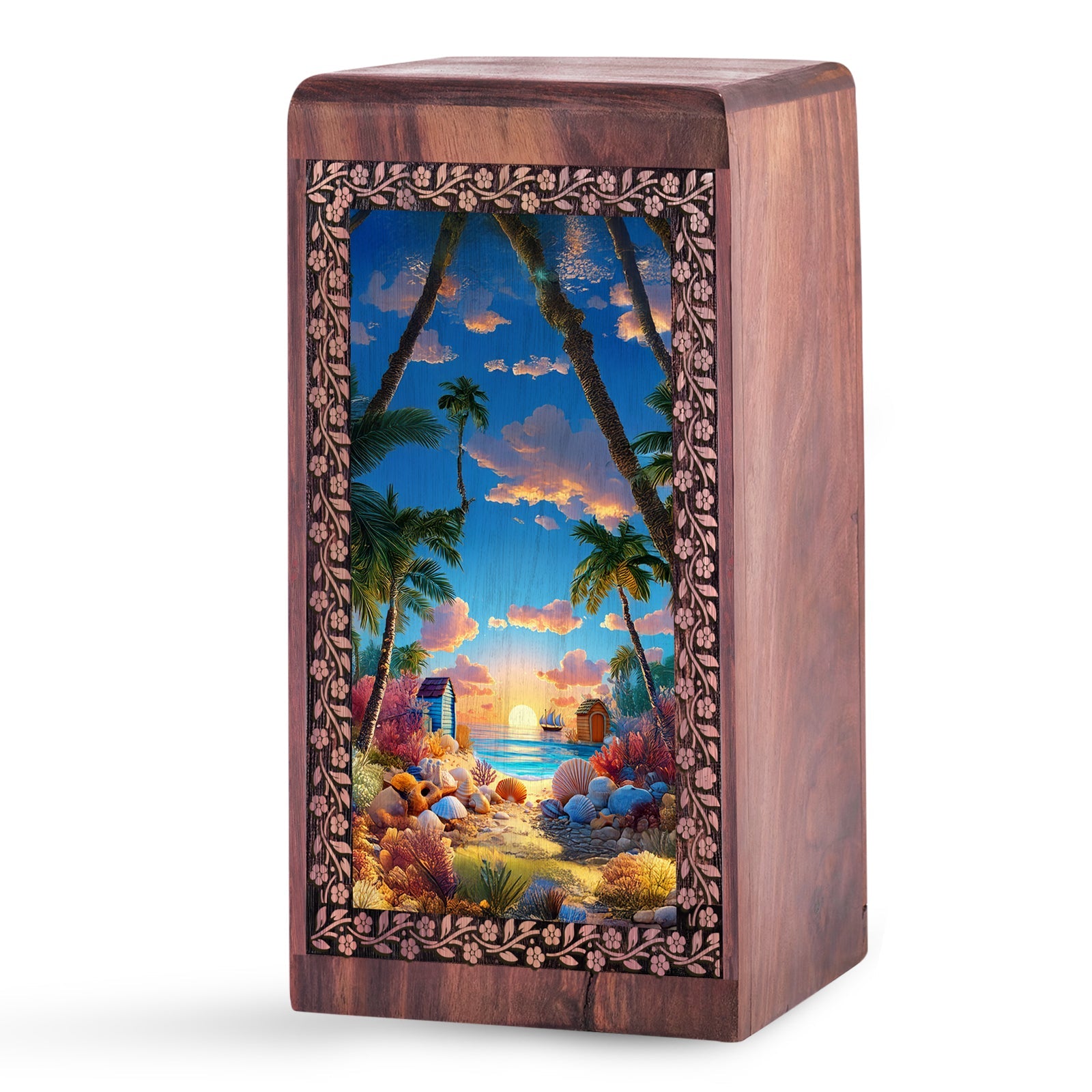 Animated Beach Funeral Urn For Ashes - Seashell Wooden Memorial Urn For Ashes