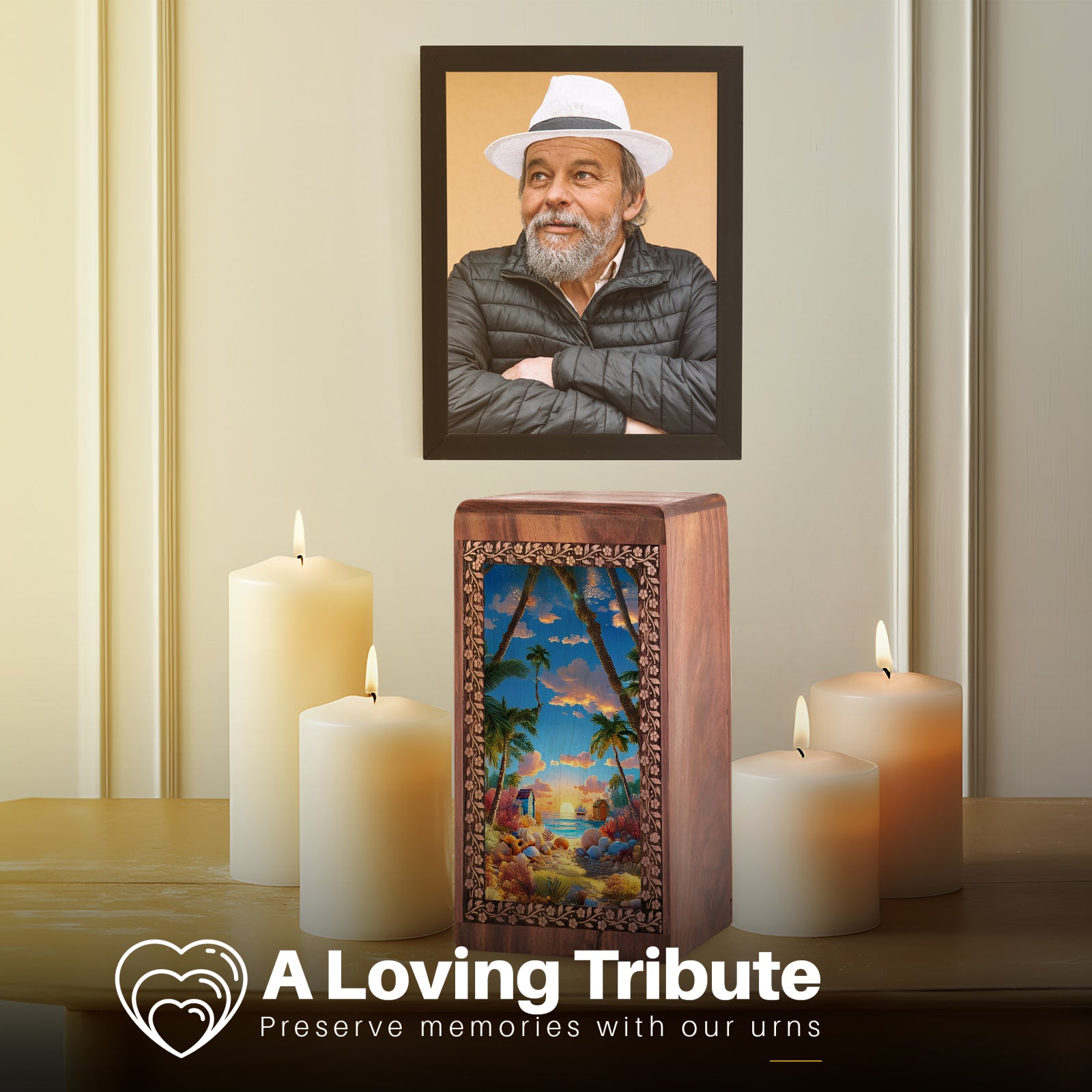 Animated Beach Funeral Urn For Ashes - Seashell Wooden Memorial Urn For Ashes