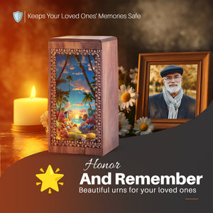 Animated Beach Funeral Urn For Ashes - Seashell Wooden Memorial Urn For Ashes