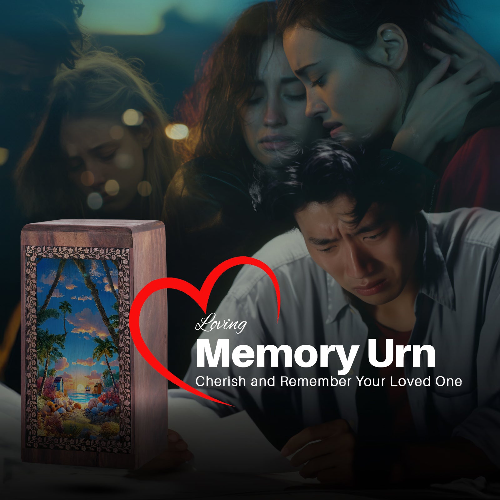 Animated Beach Funeral Urn For Ashes - Seashell Wooden Memorial Urn For Ashes