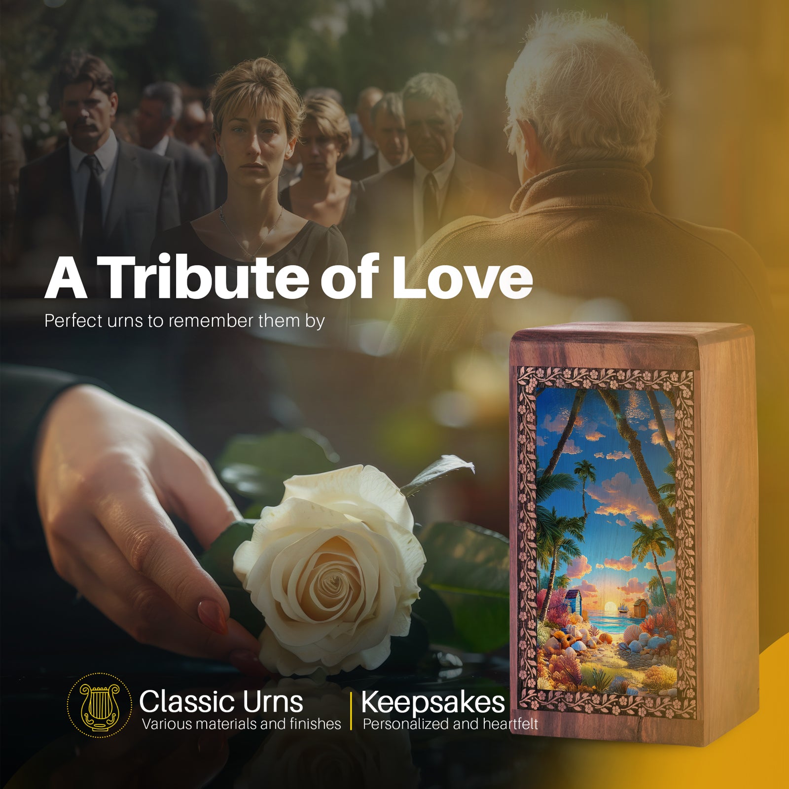 Animated Beach Funeral Urn For Ashes - Seashell Wooden Memorial Urn For Ashes