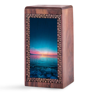 Blue Ocean Wooden Memorial Urn - Sunset Wooden Cremation Urn For Ashes