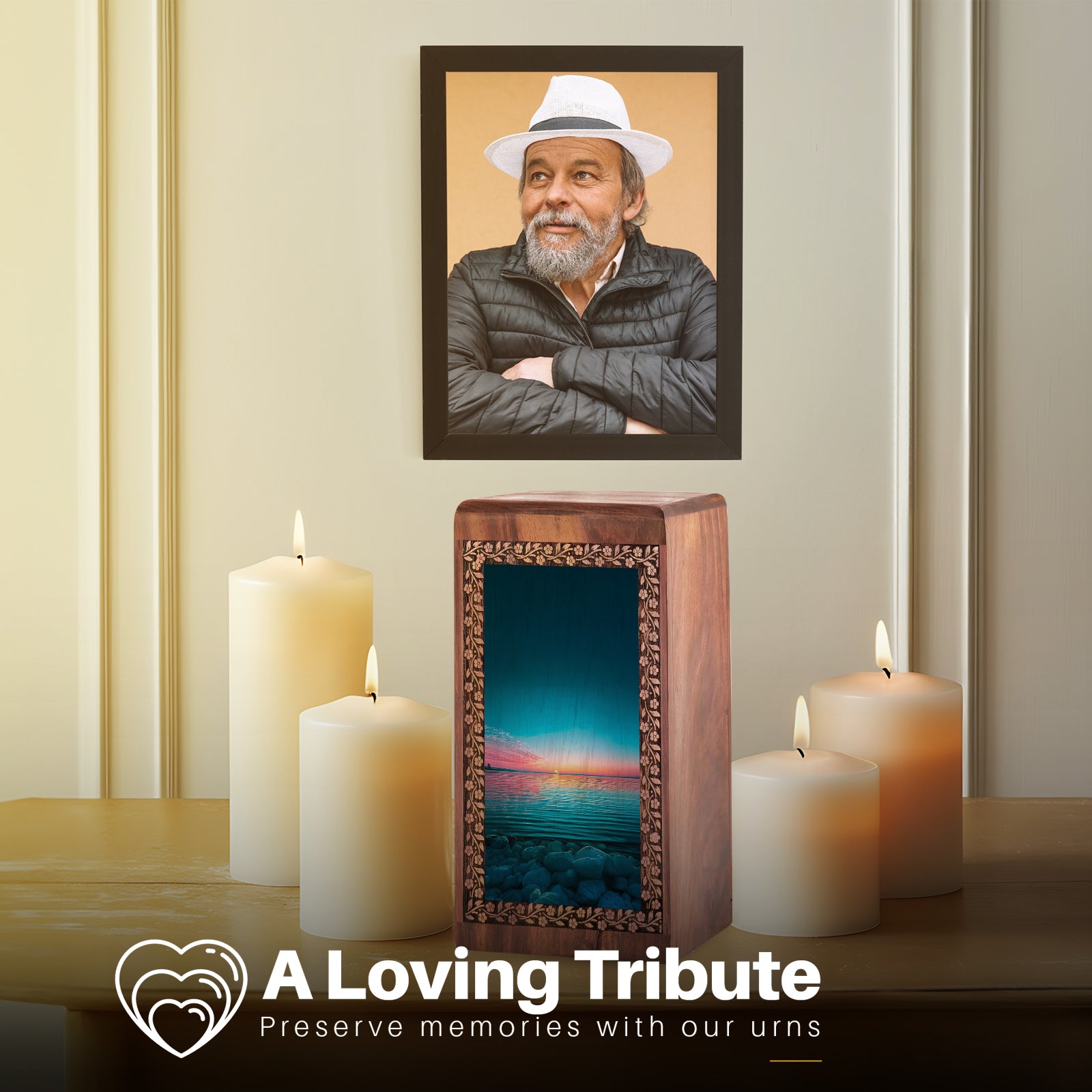 Blue Ocean Wooden Memorial Urn - Sunset Wooden Cremation Urn For Ashes