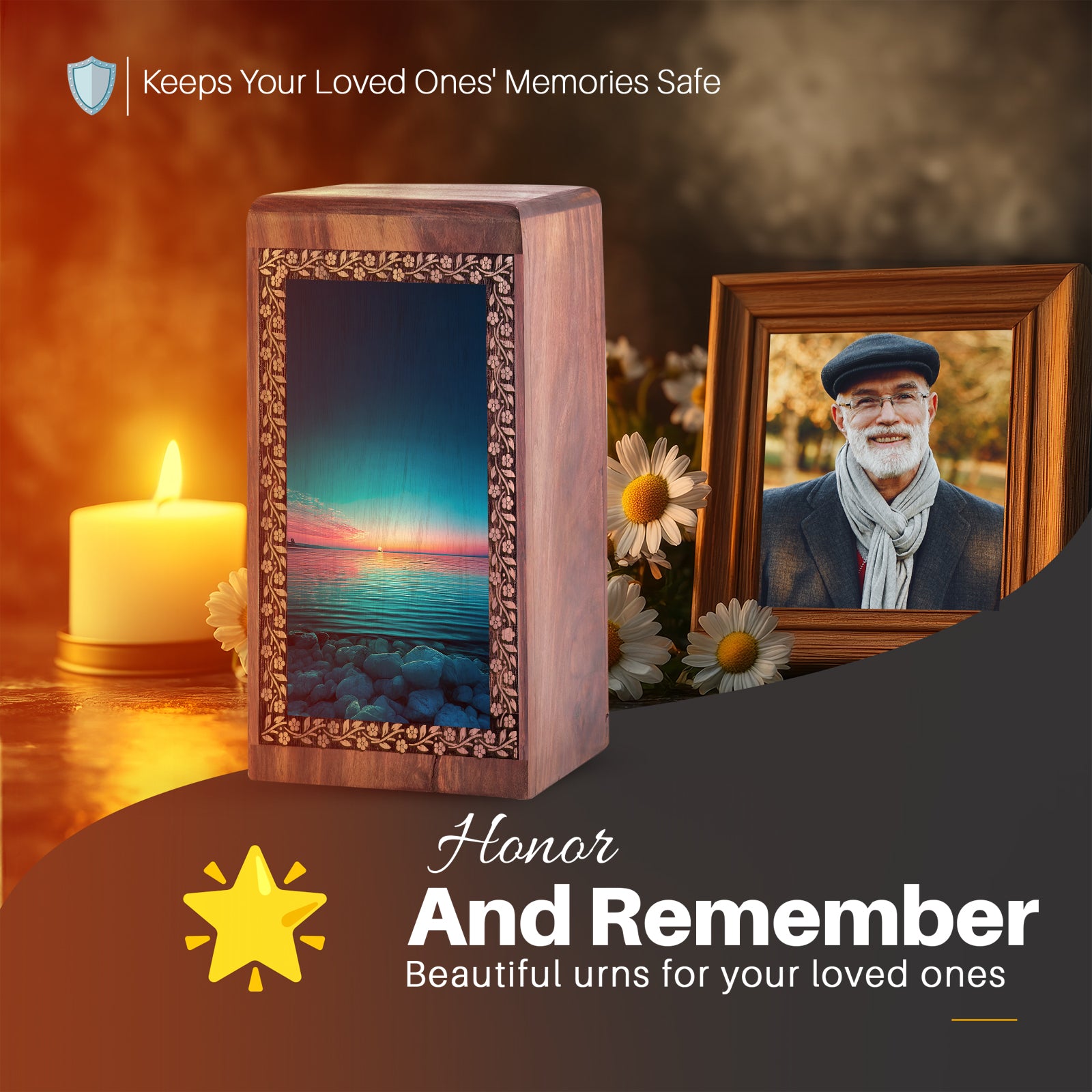 Blue Ocean Wooden Memorial Urn - Sunset Wooden Cremation Urn For Ashes