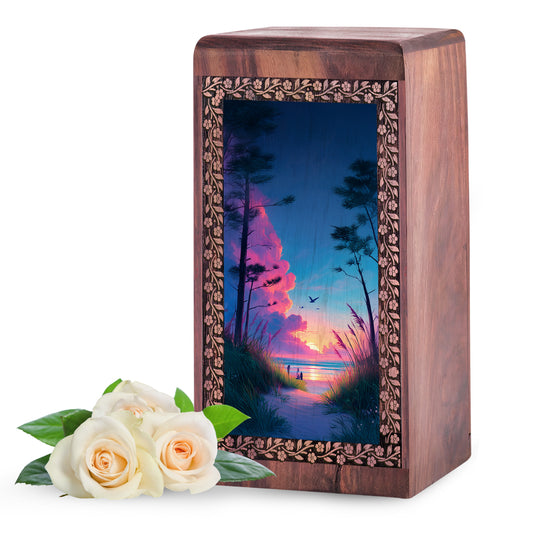 Beach Wooden Box Ashes Urn For Men - Pink Sunset Wooden Urn For Ashes