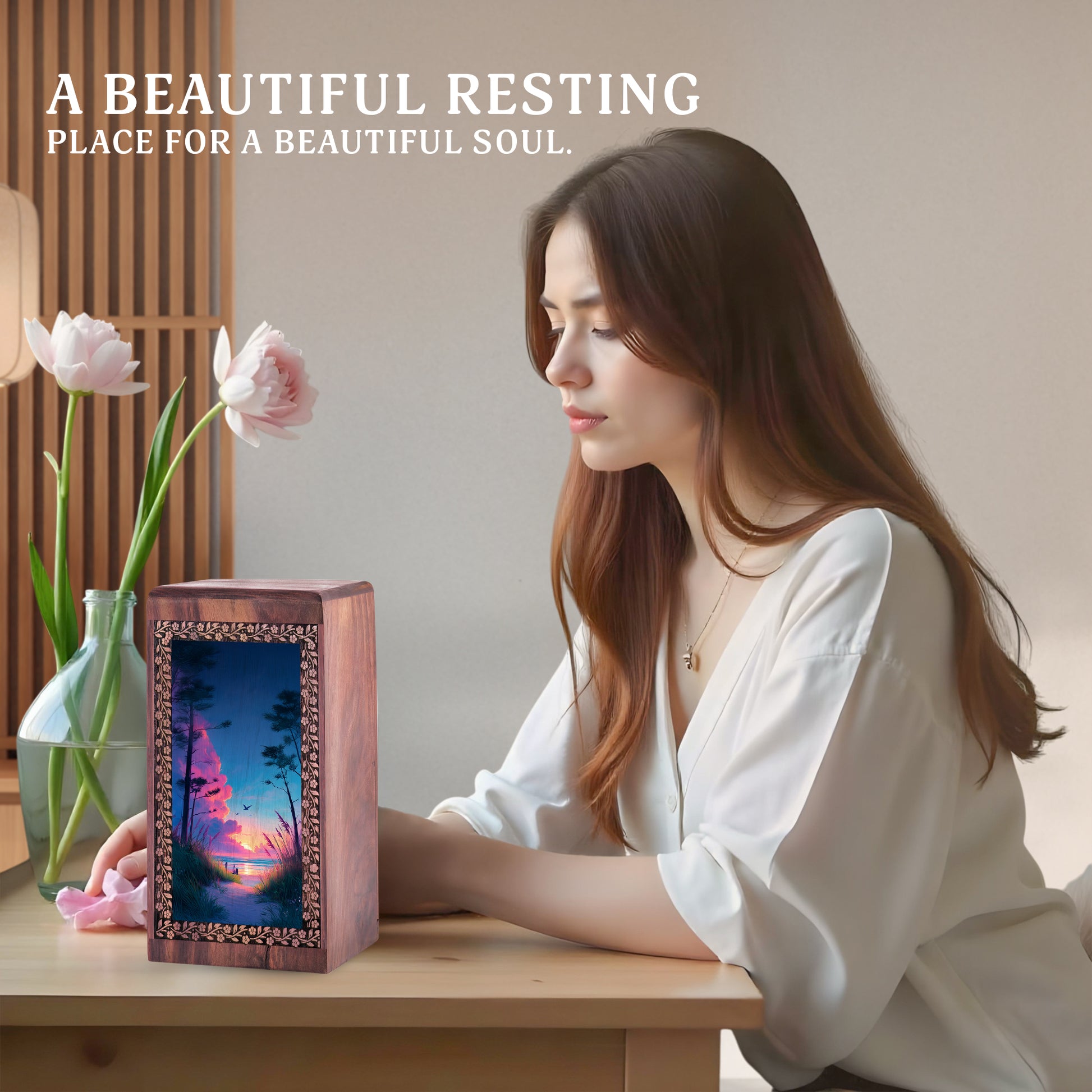 Beach Wooden Box Ashes Urn For Men - Pink Sunset Wooden Urn For Ashes