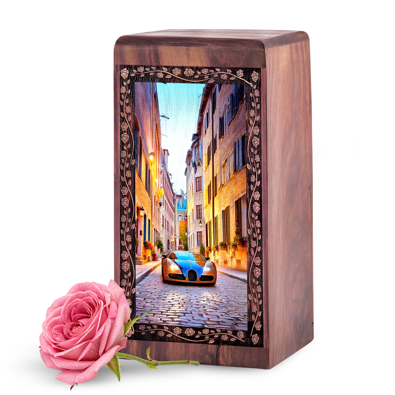 Luxury Car City Street Theme Funeral Urn - Rosewood Memorial Urn For Ashes