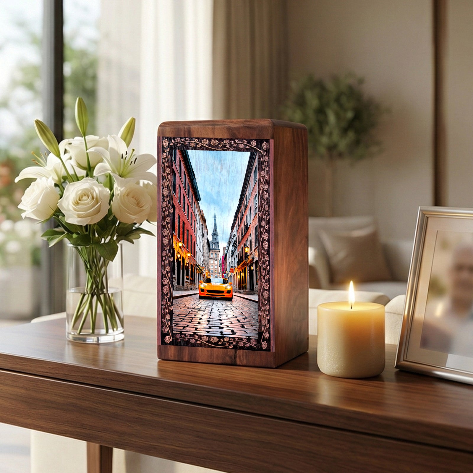 European Street Wooden Keepshake - Luxury Car Theme Memorial Cremation Urn