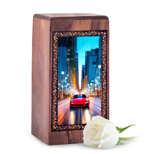 Luxury Racing Car Funeral Urn For Human Ashes - Neon Skyline Theme Wooden Urn